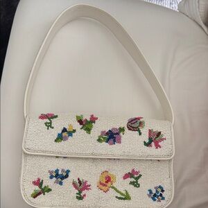 STAUD White Floral Beaded Shoulder Bag